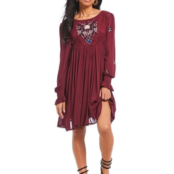 Free People Dresses & Skirts - Free People Mohave A Line Swing Mini Dress XS Plum Oversized Deep V Back